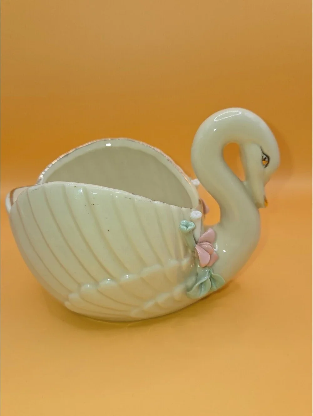 Vintage Ceramic Swan Planter with Pink Flower Accent, Made in China, Approx. 6